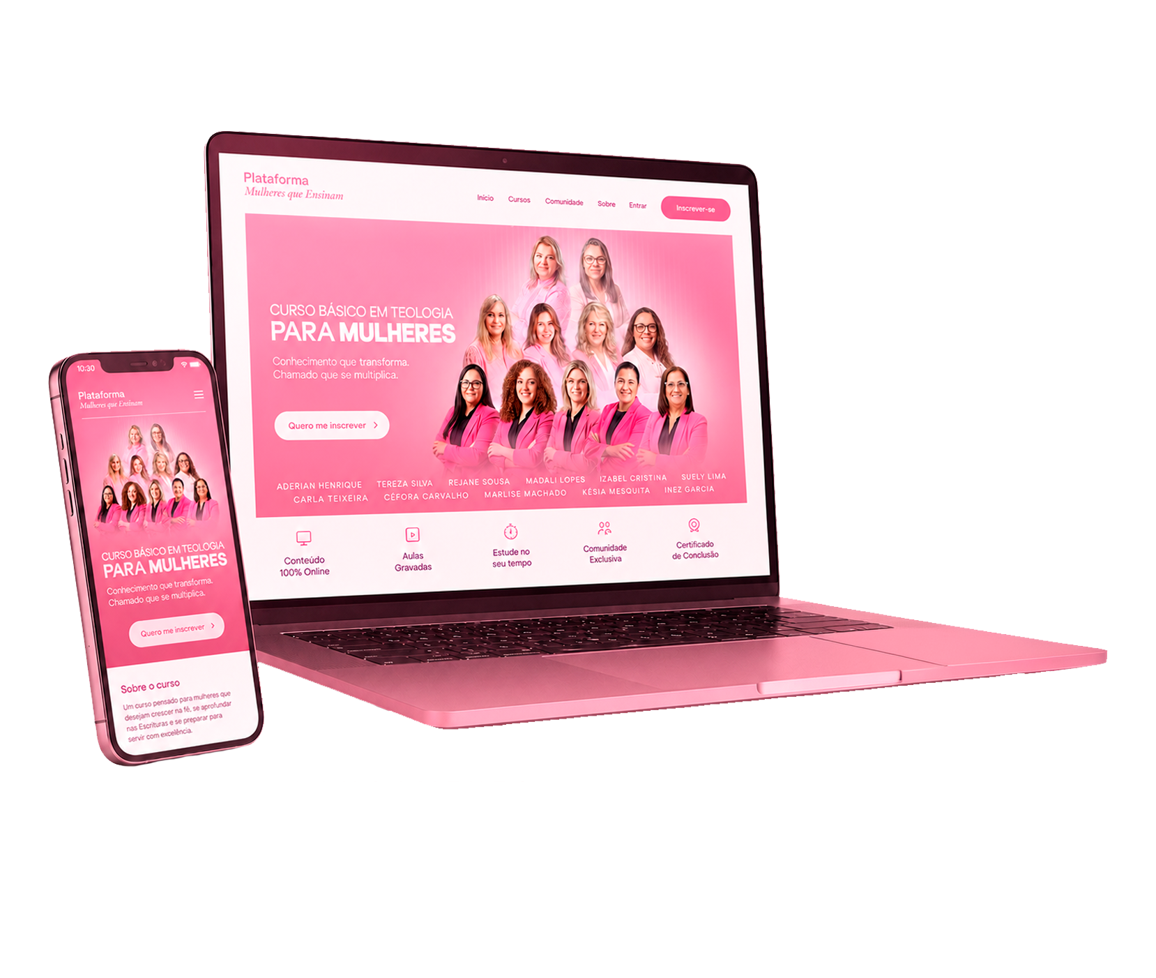 Plataforma Rosa exibida em um notebook e celular