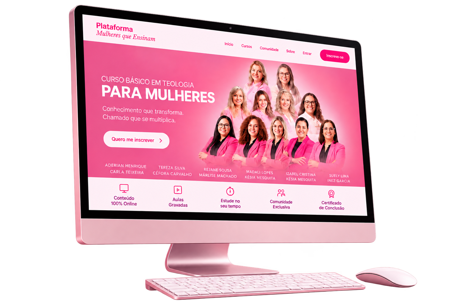Mockup da Plataforma Rosa em notebook e celular, com o curso básico de teologia para mulheres